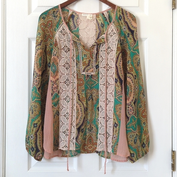 Meadow Rue Anthropologie Giada Crochet Lace & Bohemian Printed Peasant Blouse M - Picture 1 of 11
